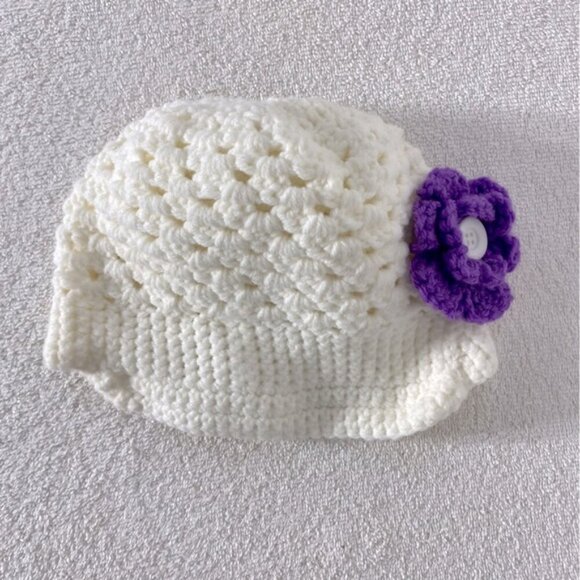 Handmade Cream Crochet Hat With Purple Crochet Flower - Picture 1 of 9